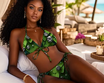 Zestaw bikini Emerald Tide Luxe | Luksusowy strój kąpielowy Tropical | Bikini Green Crystal Resort | Designerska odzież plażowa dla kobiet
