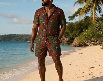 Luxury Botanical Men’s Resort Shirt | Red Floral Vacation Button Up | Tropical Pool Party Shirt for Men | Artistic Summer Beachwear
