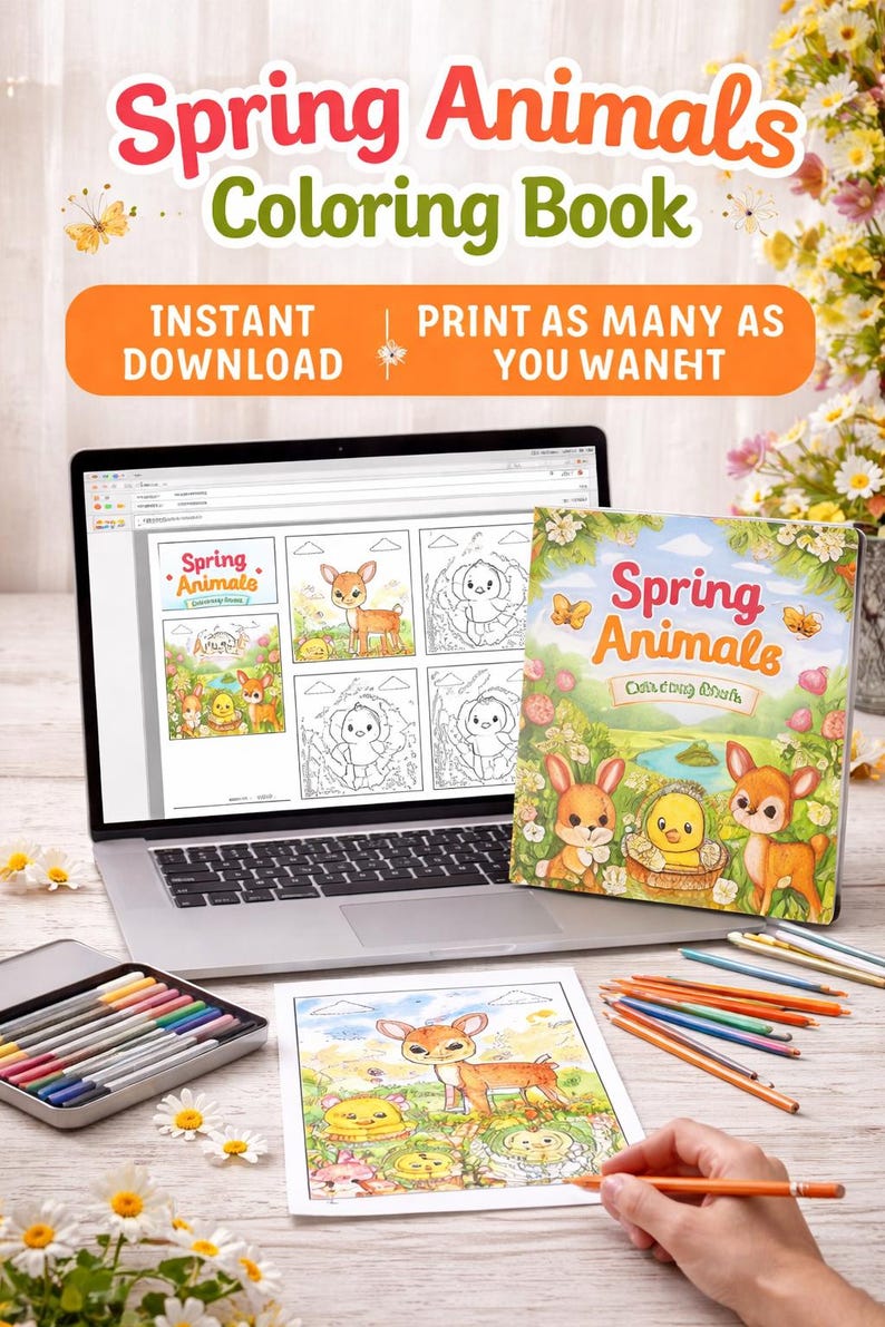 Spring Colouring Completed Spring Animals Coloring Book (digital Download) - Etsy
