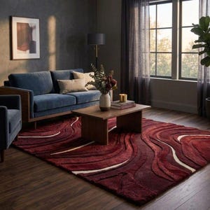 Burgundy Abstract Wool Rug, Hand Tufted 3D Wave Carpet, Modern Luxury Living Room Rug, Custom Size