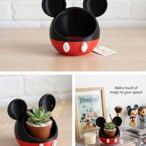 May include: A spherical black and red container shaped like a mouse head with two large round ears and two white oval buttons on the front. The container has an open top and is designed to hold small items or a small potted succulent plant.