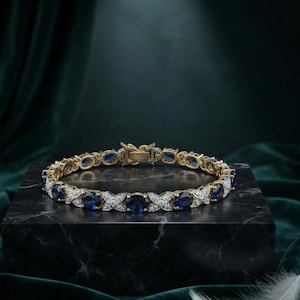 Bracelet tennis en saphir bleu, argent sterling 925 plaqué or 14 carats, saphirs et diamants simulés, cadeau pour elle