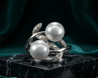 Pearl Open Ring, 925 Sterling Silver Ring, 14K Gold Plated Ring, Simulated Pearl Ring, Diamond Leaf Ring, Gift for Her