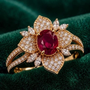 May include: A gold ring featuring a central oval-cut deep red ruby surrounded by a floral-shaped halo of small round pavé-set diamonds and marquise-cut diamonds. The split shank band is also encrusted with small round diamonds along the sides.