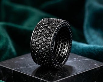 Black Diamond Eternity Ring, 14K Gold Plated 925 Sterling Silver Band, Statement Ring, Wide Band Ring, Gothic Jewelry, Gift for Her