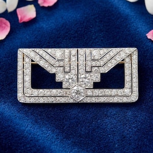 Broche geométrico Art Déco, plata de ley 925 chapada en oro de 14 quilates, broche con diamantes de imitación, broche rectangular vintage, regalo de joyería nupcial