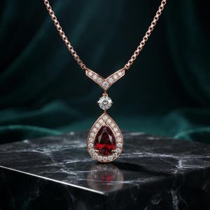 Peut inclure: Un collier en or rose avec un pendentif en forme de poire en pierre précieuse rouge foncé, entouré d'un halo de petites pierres blanches rondes. Une pierre ronde surmonte la goutte, reliée à une barre en V sertie de pierres blanches.