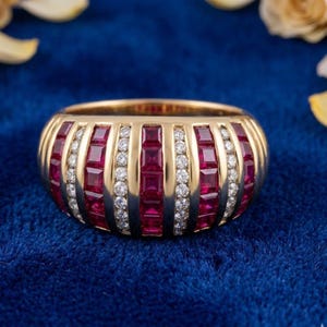 Ruby Diamond Band Ring, 14K Gold Plated 925 Sterling Silver Ring, Simulated Ruby & Diamond Ring, Statement Band Ring, Anniversary Gift