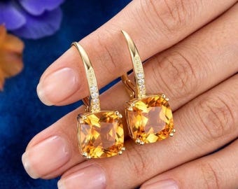 Citrine Drop Earrings, 14K Gold Plated 925 Sterling Silver, Cushion Cut Yellow Gemstone Earrings, Diamond Accent Earrings, Gift for Her