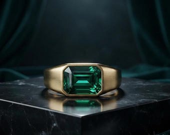 Men's Emerald Signet Ring, Green Emerald Ring, 925 Sterling Silver Ring, 14K Gold Plated Ring, Emerald Cut Ring, Gift for Him