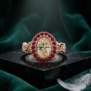 Anillo de compromiso con halo de rubí, anillo de diamante ovalado, plata de ley 925, anillo chapado en oro de 14 quilates, anillo nupcial con rubí y diamante simulados.