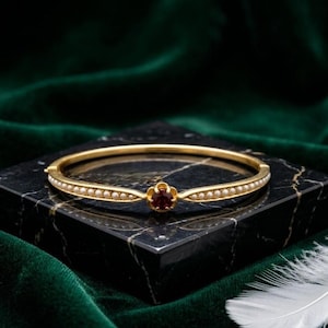 Pearl & Red Garnet Bangle Bracelet, 925 Sterling Silver 14K Gold Plated, Simulated Pearl Bracelet, January Birthstone Gift