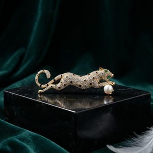 Leopard Brooch Pin, 925 Sterling Silver 14K Gold Plated, Simulated Diamond & Pearl Panther Brooch, Animal Jewelry Gift for Her