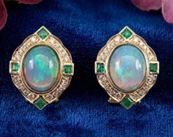 Opal Emerald Stud Earrings, 925 Sterling Silver, 14K Gold Plated, Vintage Opal Halo Earrings, Simulated Diamond Emerald Jewelry