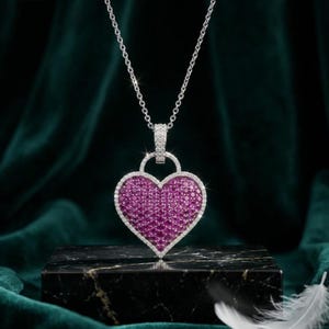 Pink Ruby Heart Pendant Necklace 925 Sterling Silver 14K Gold Plated, Diamond Heart Necklace, Romantic Gift for Her, Valentine Jewelry