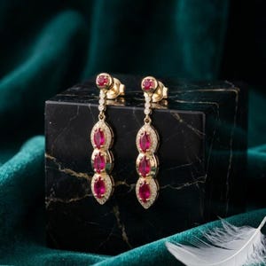 Pink Ruby Drop Earrings 925 Sterling Silver, 14K Gold Plated Diamond Dangle Earrings, Long Bridal Earrings, Wedding Jewelry Gift for Her
