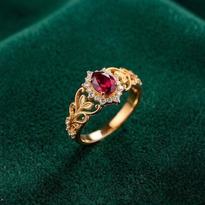 Peut inclure: Une bague en or ornée d'une pierre rouge centrale de taille ovale, entourée d'un halo de petites pierres blanches. L'anneau présente des motifs métalliques ajourés en forme de feuilles s'étendant de la monture sur les côtés.