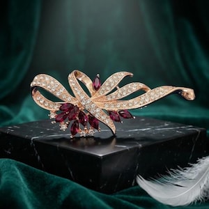 Vintage Style Ruby Brooch Pin, 925 Sterling Silver 14K Gold Plated, Simulated Ruby Diamond Brooch, Elegant Floral Ribbon Pin, Gift for Her