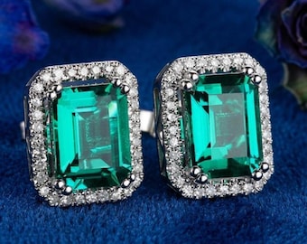 Emerald Green Stud Earrings, 925 Sterling Silver Earrings, 14K Gold Plated, Halo Diamond Earrings, Simulated Emerald Jewelry, Gift for Her