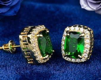 Emerald Green Stud Earrings, 925 Sterling Silver 14K Gold Plated, Halo Diamond Earrings, Simulated Emerald Jewelry, Gift for Her