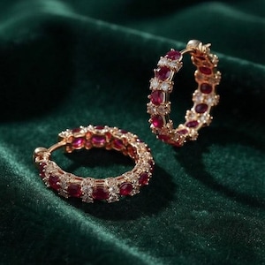 Pink Ruby Hoop 14K Gold Plated Silver Gold Eternity Huggie Earrings