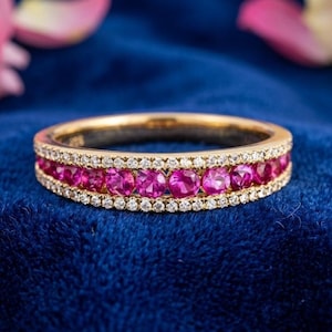 Pink Ruby Ring 14K Gold Plated, Sterling Silver Diamond Band, Eternity Ring, Stackable Ring, July Birthstone Ring, Dainty Gold Ring