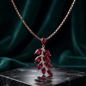 Ruby Leaf Pendant Necklace, 925 Sterling Silver 14K Gold Plated, Simulated Ruby & Diamond Necklace, July Birthstone Gift for Her