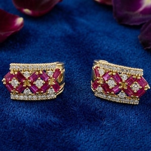 Robijn diamanten hoepels, 925 sterlingzilver 14K verguld, rode edelsteen oorbellen, vintage stijl hoepels, cadeau voor haar