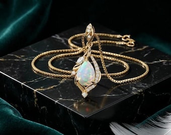 Opal Diamond Pendant Necklace 14K Gold Plated Silver Pear Pendant Gift for Women