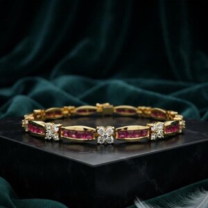 925 Sterling Silver Pink Ruby Bracelet, 14K Gold Plated Floral Bracelet, Simulated Ruby & Diamond Bracelet, Wedding Gift for Her
