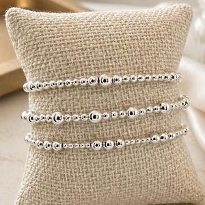Sterling Silver Beaded Bracelet Set, Stackable Silver Bracelets, 3 Piece Bracelet Stack, Stretch Silver Jewelry, Gift for Her