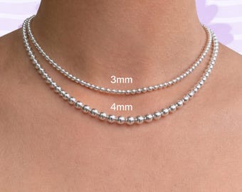 Sterling Silver Bead Necklace, 925 Silver Chain, 3mm 4mm