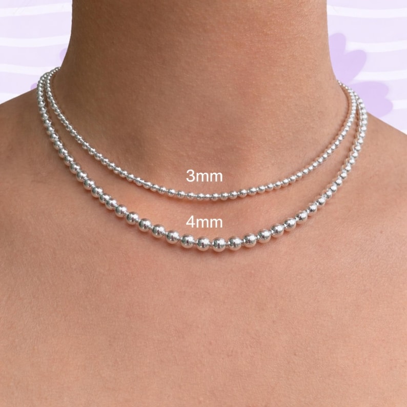 Sterling Silver Bead Necklace, 925 Minimalist Chain, 3mm