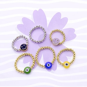 14k Gold Filled Beaded Rings, Smiley Face Evil Eye Stackable Jewelry