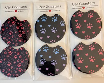 Neoprene Paw Print Car Coasters, Absorbent Cup Holder Liners (Set of 2)