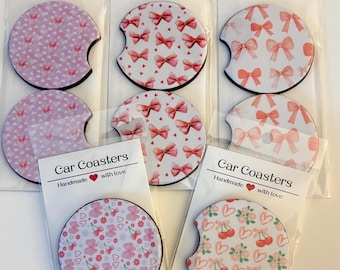 Posavasos de neopreno con lazo rosa para coche, insertos absorbentes para portavasos, juego de dos