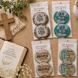 Posavasos de neopreno cristianos para coche, con citas bíblicas, juego de 2 (compatibles con la mayoría de los soportes).