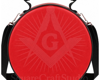 Red Masonic Cap Case | Round Freemason Hat Storage Bag | Foldable Faux Leather Cap Cover with Shoulder Strap | Gift for Mason