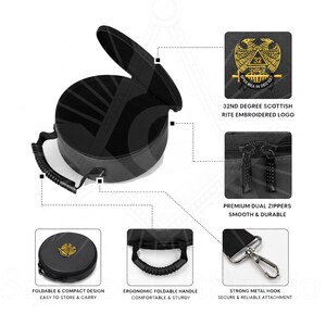 May include: Black round case with an open lid, featuring a 32nd Degree Scottish Rite embroidered logo. It has dual zippers, a foldable handle, and a strong metal hook for secure attachment. The design is foldable and compact for easy storage and carrying.
