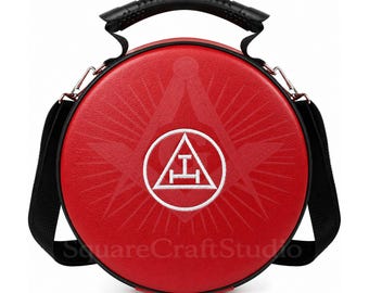 Royal Arch Masonic Cap Case | Red Freemason Hat Storage Bag | Embroidered Triple Tau Regalia Carrier | Foldable Travel Mason Gift