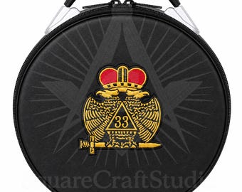 33rd Degree Cap Case | Scottish Rite Hat Carrier | Freemason Regalia Storage Bag | Double Headed Eagle Round Case | Black Faux Leather