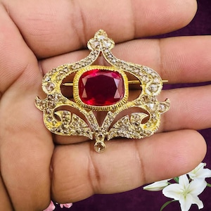 Victorian Ruby Crown Brooch, Cushion Cut Red Gemstone Statement Pin, Antique Style Gold Filigree Jewelry, Royal Imperial Brooch for Women,