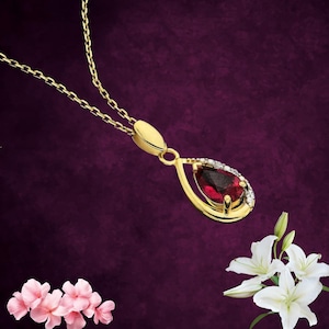 Gold Pear Cut Ruby Teardrop Necklace, Vintage Red Gemstone Drop Pendant for Women, Art Deco Ruby Diamond Halo Charm, Anniversary Gift Her