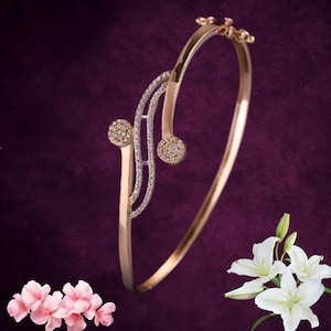 Rose Gold Bypass Bangle, Diamond Wave Cuff Bracelet, Elegant Toi et Moi Bangle, Unique Curved Bridal Bracelet, Modern Pavé Statement Jewelry