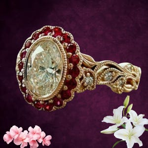 Op de afbeelding: Een sierlijke gouden ring met een grote ovaal geslepen diamant als middensteen, omringd door een halo van rode edelstenen. De band heeft ingewikkelde details met kleinere diamanten. De ring staat tegen een donkerpaarse achtergrond.
