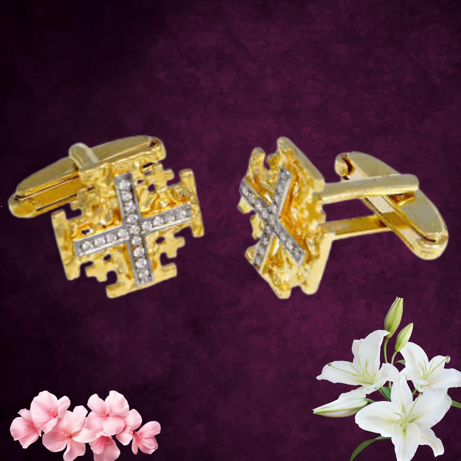 Gold Jerusalem Cross Cufflinks with Crystal Accents, Crusader Cross Men's Jewelry, Religious Wedding Cufflinks, Faith-Based Gift for Him