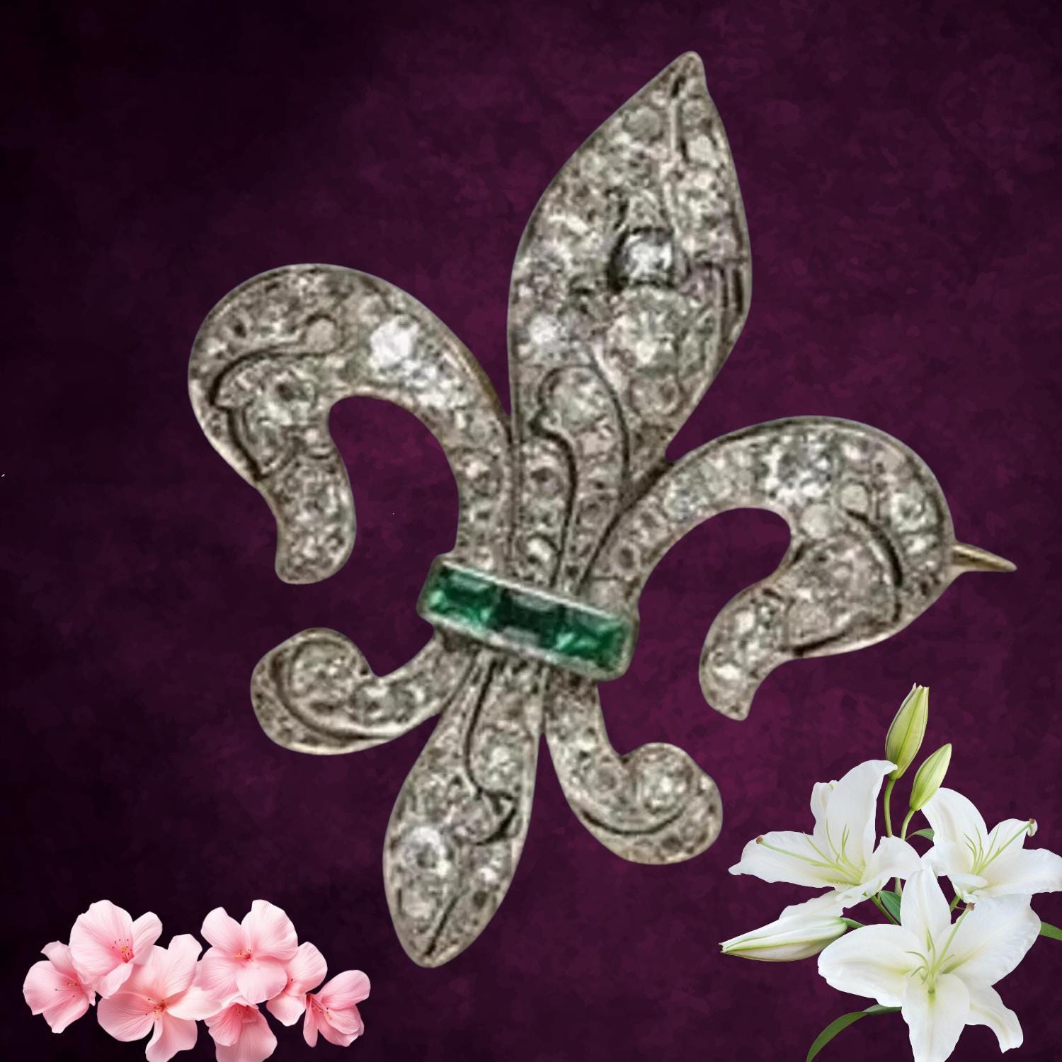 Vintage Fleur-de-lis Brooch Emerald Accents, Crystal Royal Lily Pin, French Style Heraldic Jewelry, Silver Statement Pin, Gift History Lover