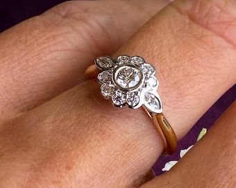 Diamond Flower Cluster Ring, Victorian Daisy Engagement Ring, 14k Two Tone Floral Band, Marquise Leaf Promise Ring, Antique Bridal Jewelry