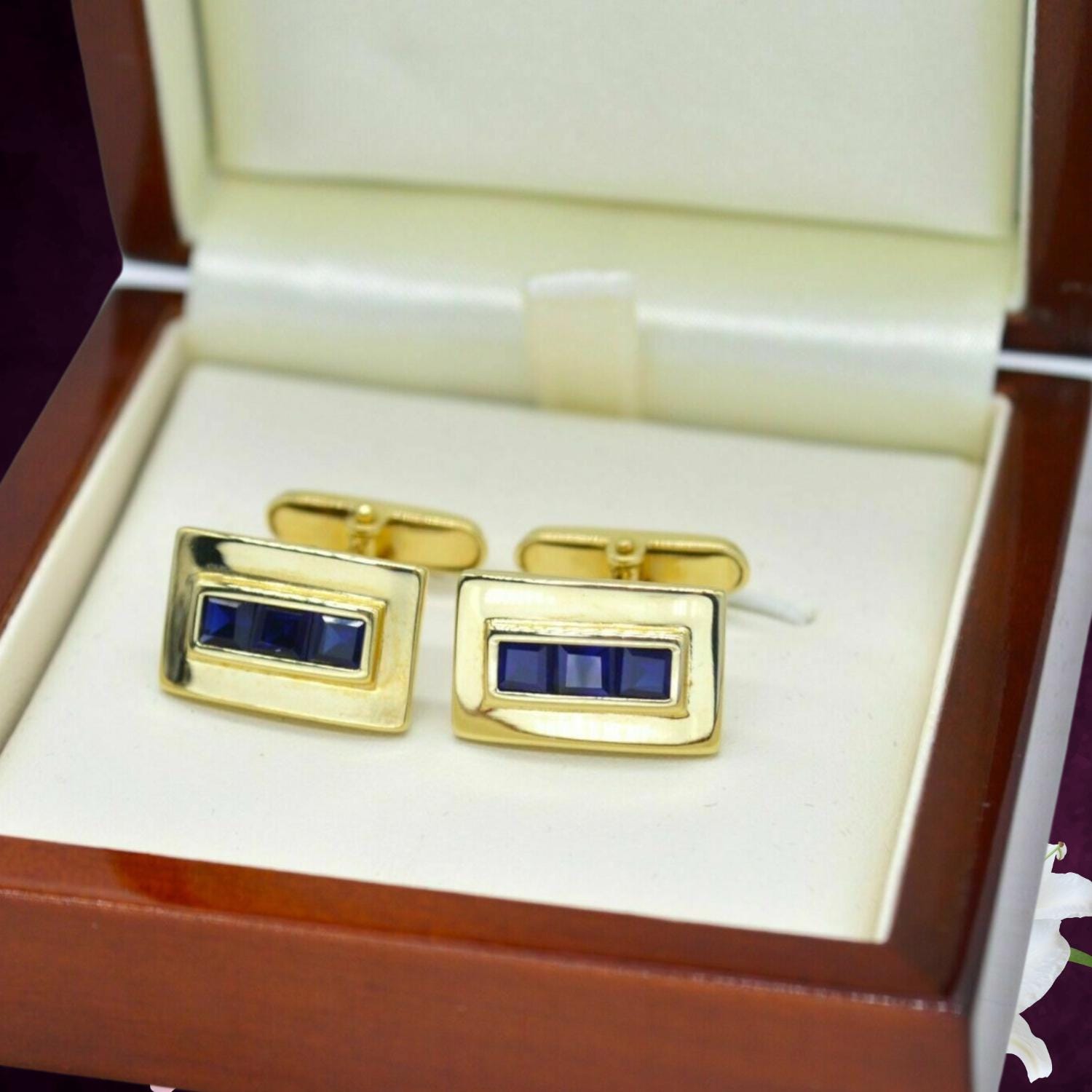 Gold Rectangular Sapphire Cufflinks, Minimalist Blue Stone Men's Jewelry, Modern Groomsmen Gift, Vintage Style Gold Plated French Cuff Links