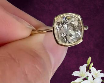Old Mine Cut Cushion Diamond Engagement Ring | Bezel Set Gold Ring | Antique Style Moissanite Engagement Ring | Minimalist Bridal Jewelry